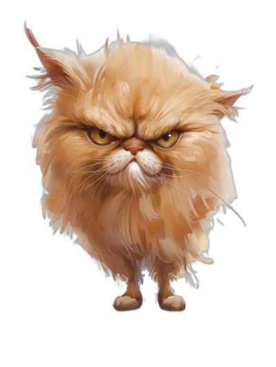 Illustration of an angry Persian cat, isolated on a black background, digital art in the style of [WLOP](https://goo.gl/search?artist%20WLOP) and [Greg Rutkowski](https://goo.gl/search?artist%20Greg%20Rutkowski) and [Magali Villeneuve](https://goo.gl/search?artist%20Magali%20Villeneuve), with fluffy fur and a cute character design shown in a portrait view.