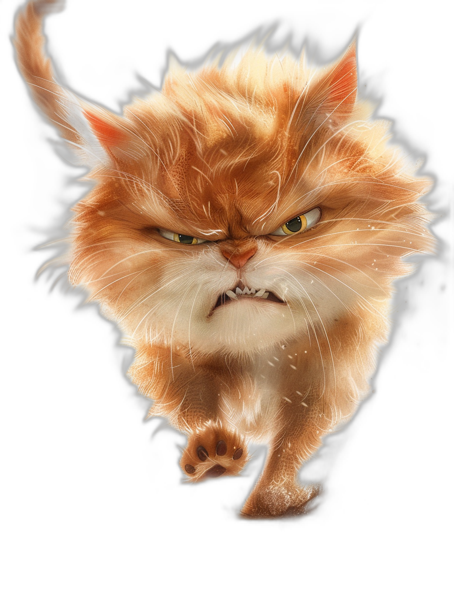 realistic digital art of a grumpy orange cat running on a black background, a full body portrait in the style of Disney Pixar, with a cartoon style and angry facial expression.