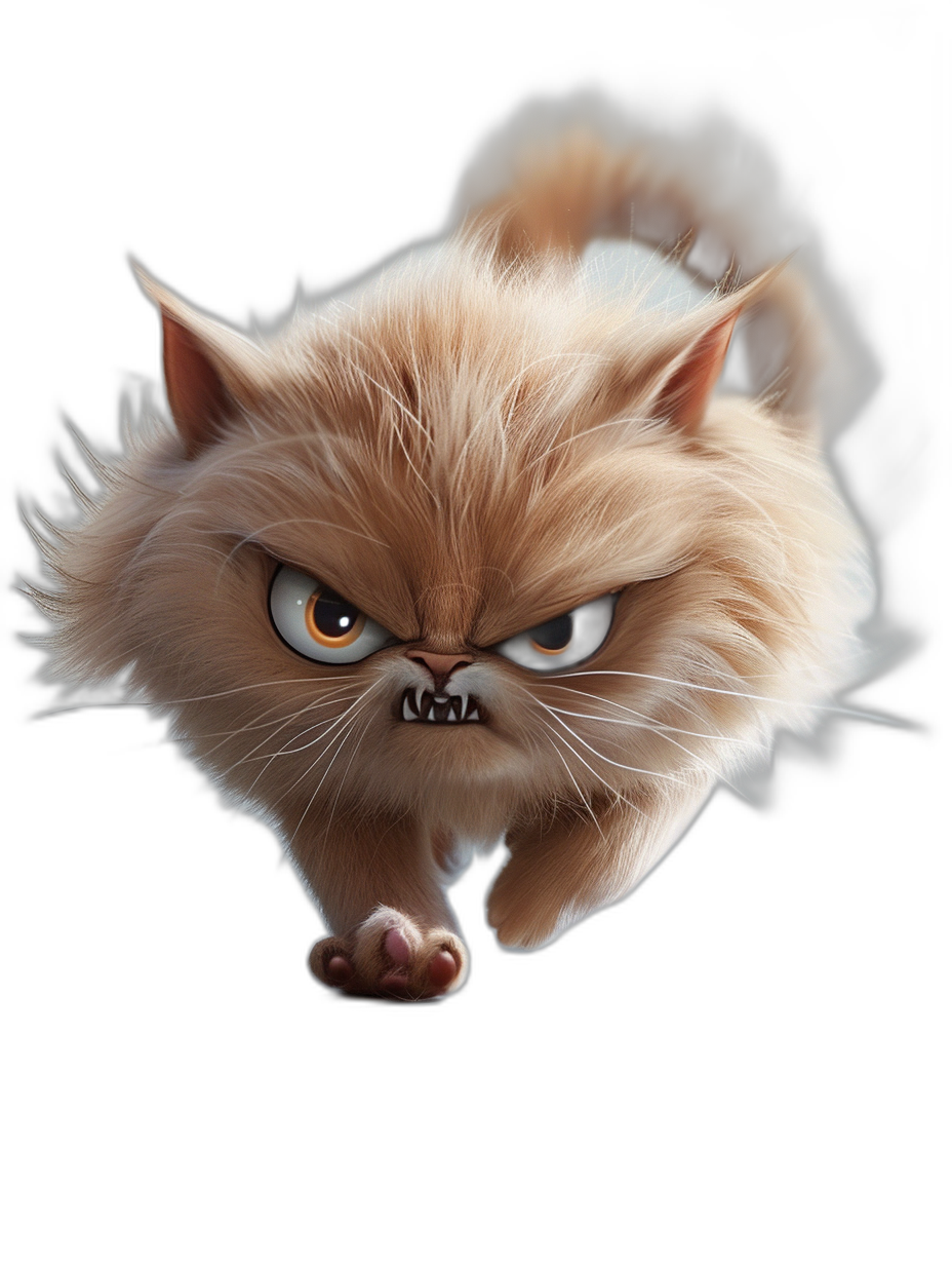 A cute Persian cat running towards the camera in the style of Pixar, cartoonish and simple, dark background, close up shot, front view, angry face, fangs showing, big eyes, fluffy fur, cute, cartoon.