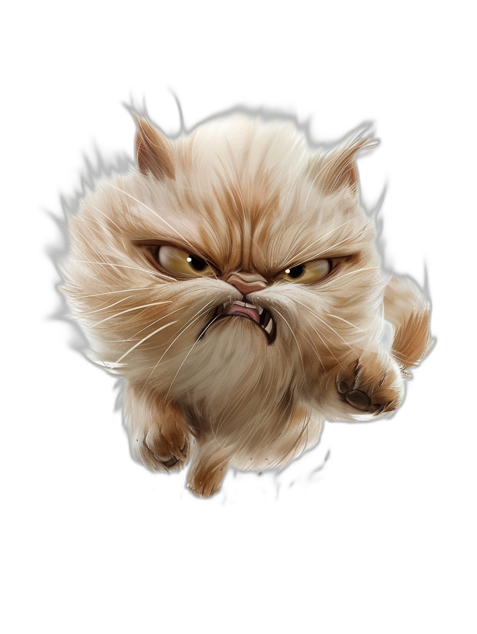 A funny illustration of an angry Persian cat jumping with a funny face on a black background in the digital art style. It is a high resolution digital drawing in a cute cartoon style with high details. The digital art is a digital painting of a white fur cat with brown eyes shown in a full body shot from a wide angle. The white and beige color scheme is used.