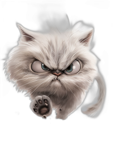 white persian cat, angry expression with claws out and tail up in the style of digital illustrations, black background, caricature-like illustrations, cartoonish innocence, character caricatures, cute little cartoon drawings, disney animation style.