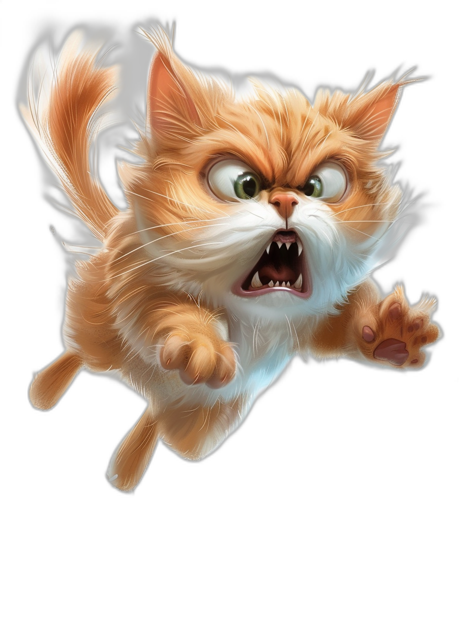 A flying angry ginger cat with white fur, in the style of Pixar style cartoon character, black background, in the style of game art, digital painting, high resolution