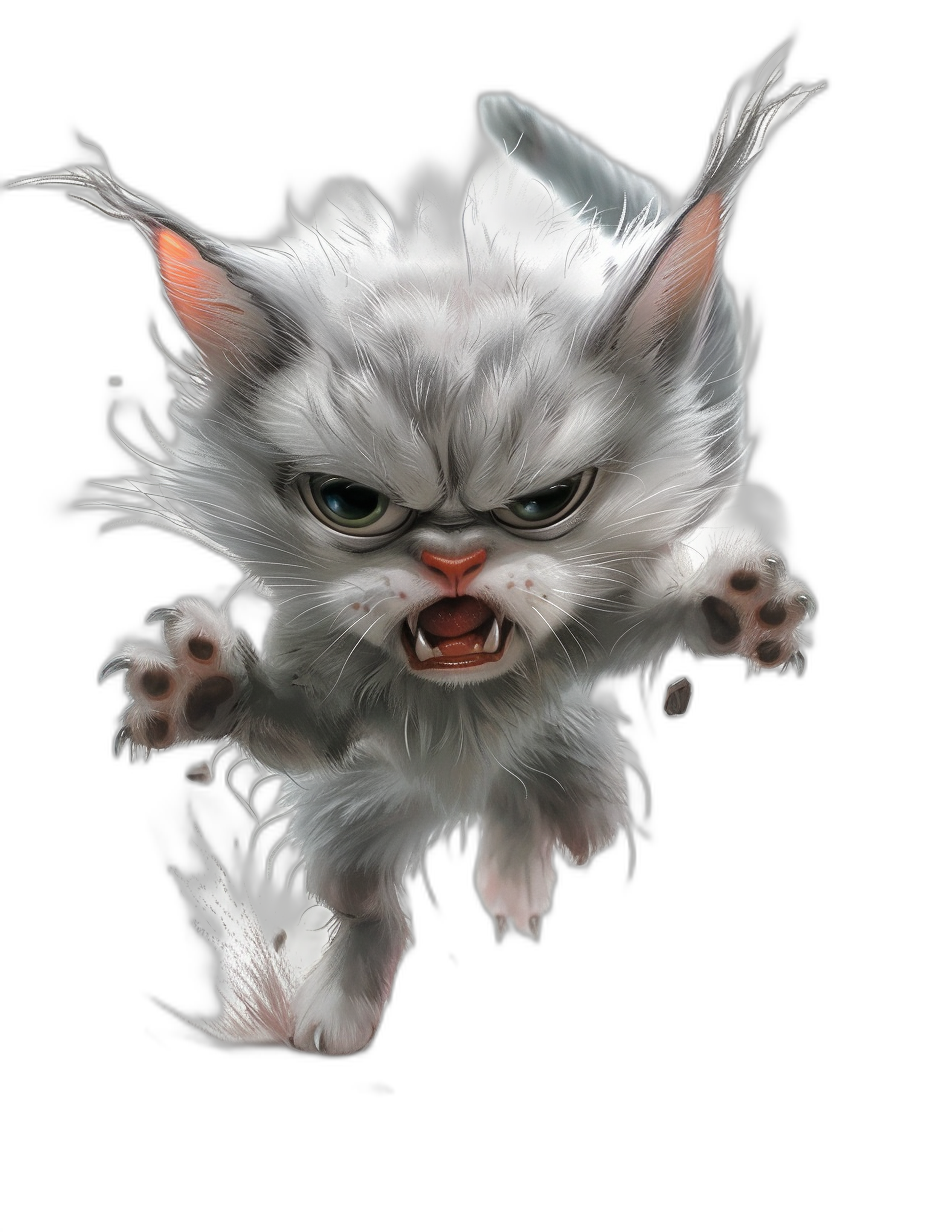 A white kitten with a snarling expression is jumping towards the viewer in a full body portrait against a black background in the style of fantasy art illustration.