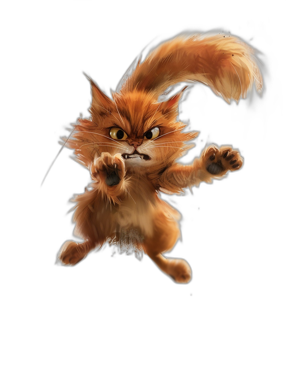 A cute cartoon red cat jumping in the air, isolated on a black background, in the style of [Ralph Steadman](https://goo.gl/search?artist%20Ralph%20Steadman) and [Bill Gekas](https://goo.gl/search?artist%20Bill%20Gekas), with fluffy fur, a long tail, yellow eyes, a big head, long ears, fluffy paws, in a dynamic pose, with a funny expression, at a high resolution, and with ultra detailed features.