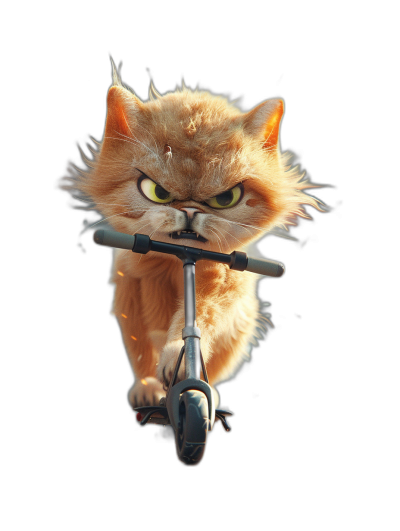 angry cat riding an electric scooter on a black background, photo realistic in the style of cinematic