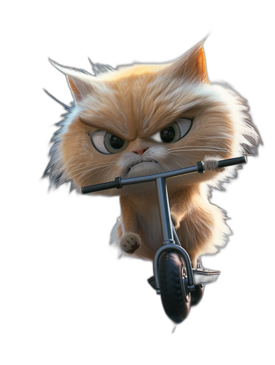 grumpy cat riding a scooter in the style of Pixar, cartoon character, black background, cute, fluffy fur, big eyes, happy face, hyper realistic, high resolution photography, octane render, hyper detailed, cinematic look