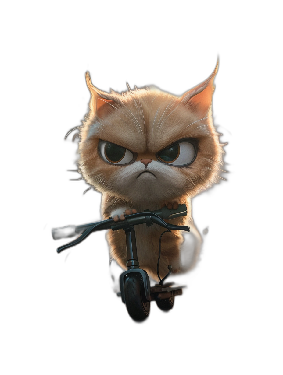 grumpy cat on scooter, angry face, cartoon style, black background, cute, 3d render, portrait