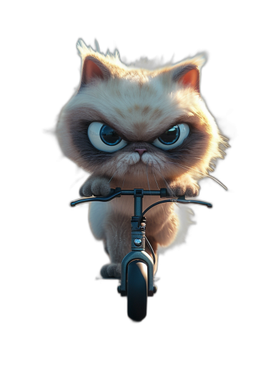 front view of a cute grumpy cat on a bike, isolated against a black background, in the style of Pixar.