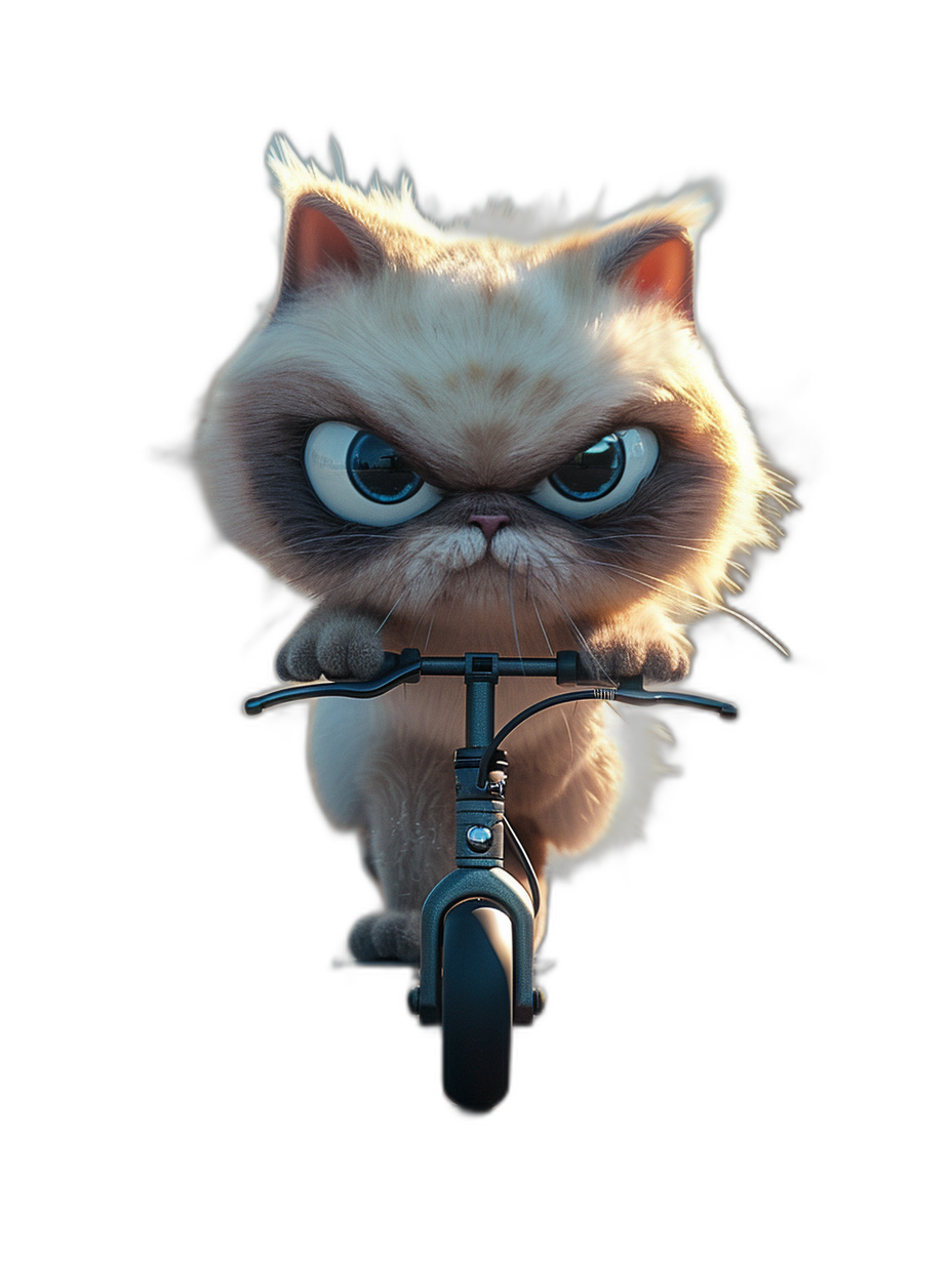 front view of a cute grumpy cat on a bike, isolated against a black background, in the style of Pixar.