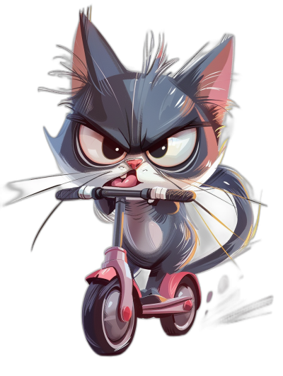 angry cute cat riding scooter, black background, chibi style character design, cartoon illustration, full body shot, digital art in the style of [Artgerm](https://goo.gl/search?artist%20Artgerm) and [Greg Rutkowski](https://goo.gl/search?artist%20Greg%20Rutkowski) and [Alphonse Mucha](https://goo.gl/search?artist%20Alphonse%20Mucha)