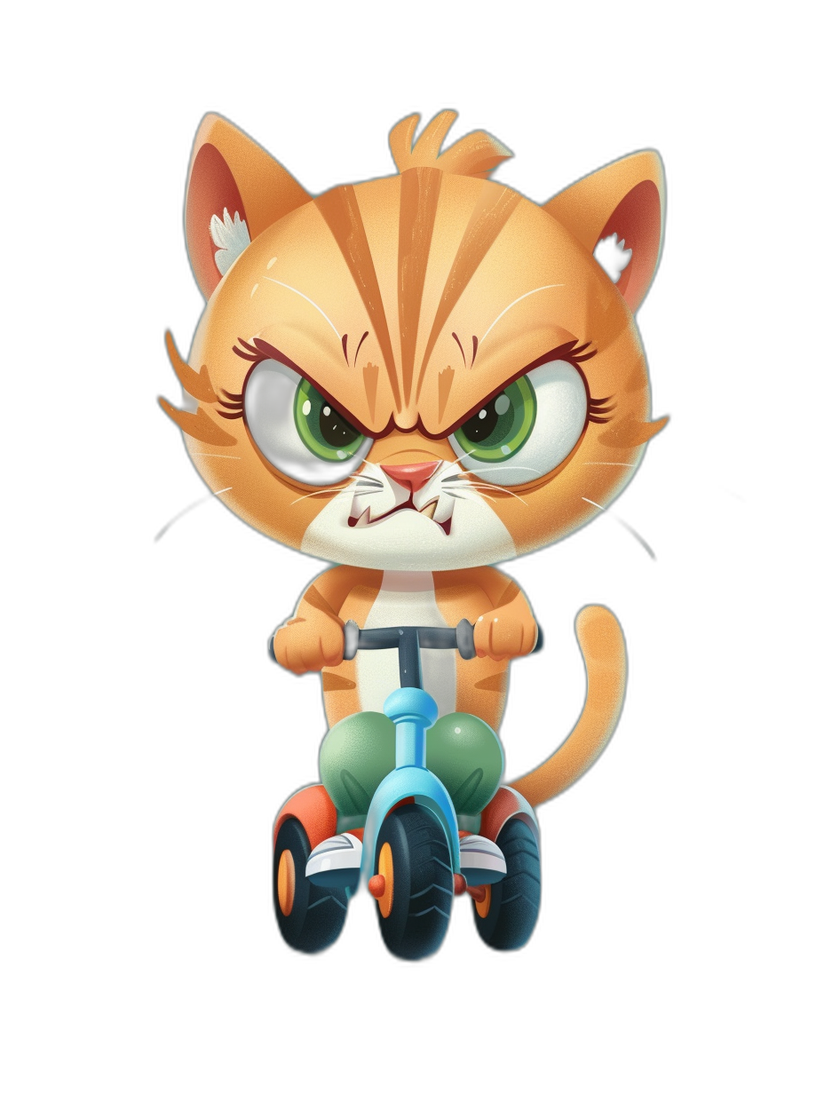 A cute cartoon orange cat with green eyes is riding an electric scooter, angry expression, exaggerated facial features, black background, flat illustration style, high-definition details, best quality, super resolution. The characters have three-dimensional shapes and clear contours., focus on character expressions,,in