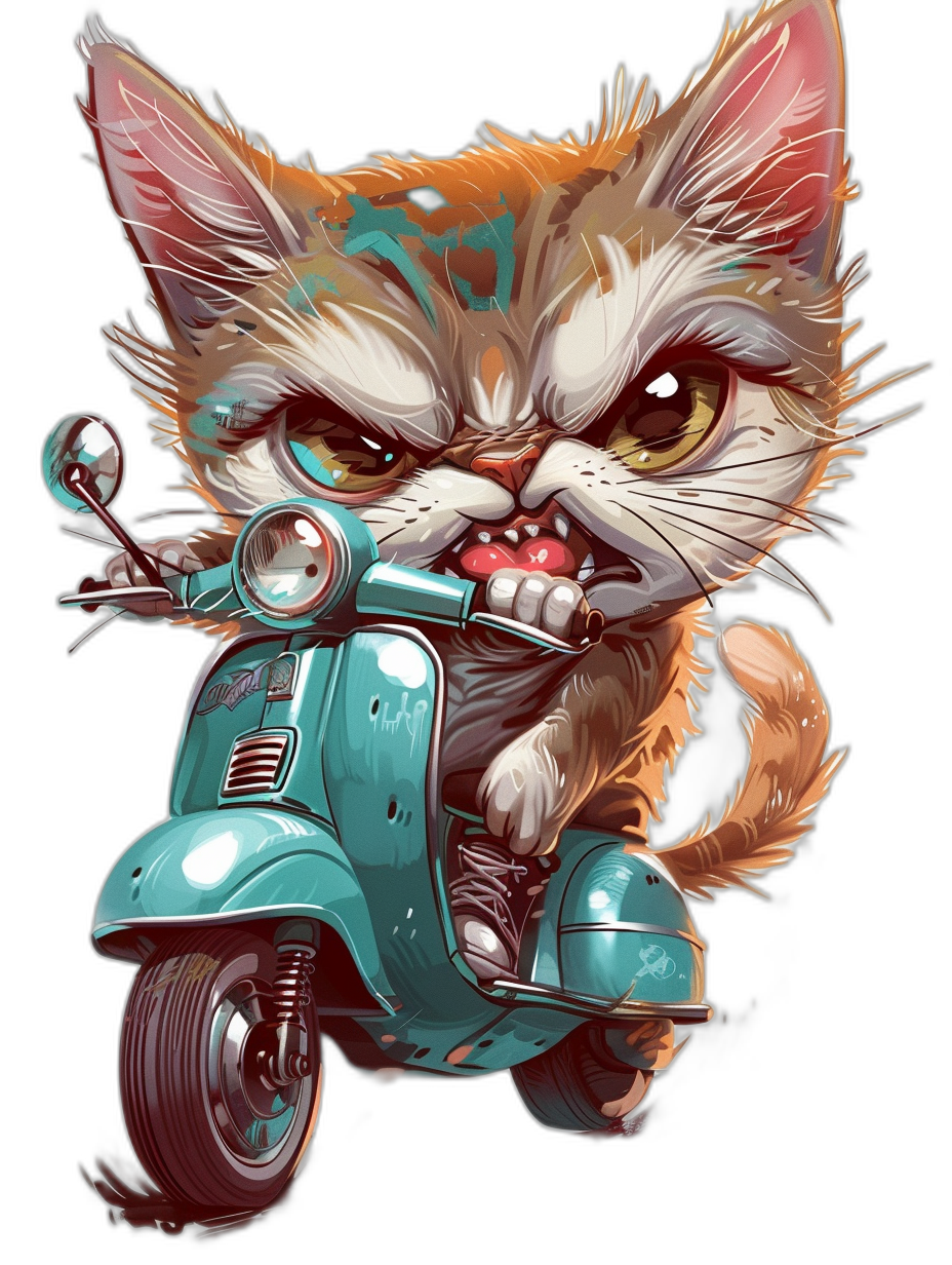 A cute cartoon cat with an angry expression riding on the front of a teal moped, in the style of [Dan Mumford](https://goo.gl/search?artist%20Dan%20Mumford) and [Charlie Bowater](https://goo.gl/search?artist%20Charlie%20Bowater), black background, full body portrait.