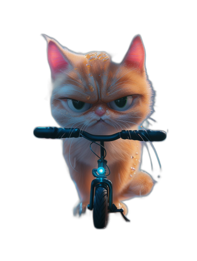 grumpy cat on the bike in the style of cartoon style, glowing eyes, on black background, render, blender