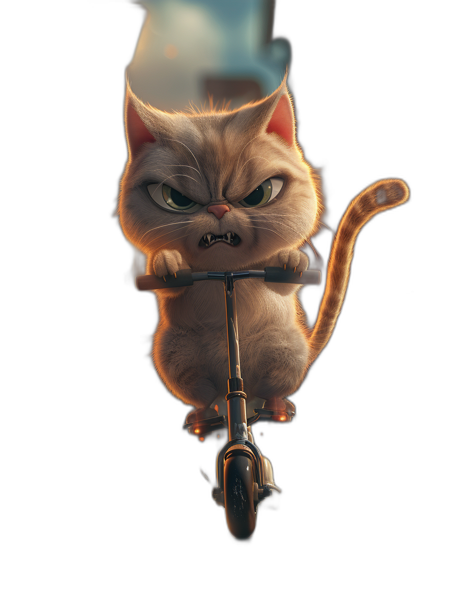 Cute cat riding scooter with an angry expression on a black background, in the style of Pixar, Disney cartoon character, cute, 3D rendered, high definition