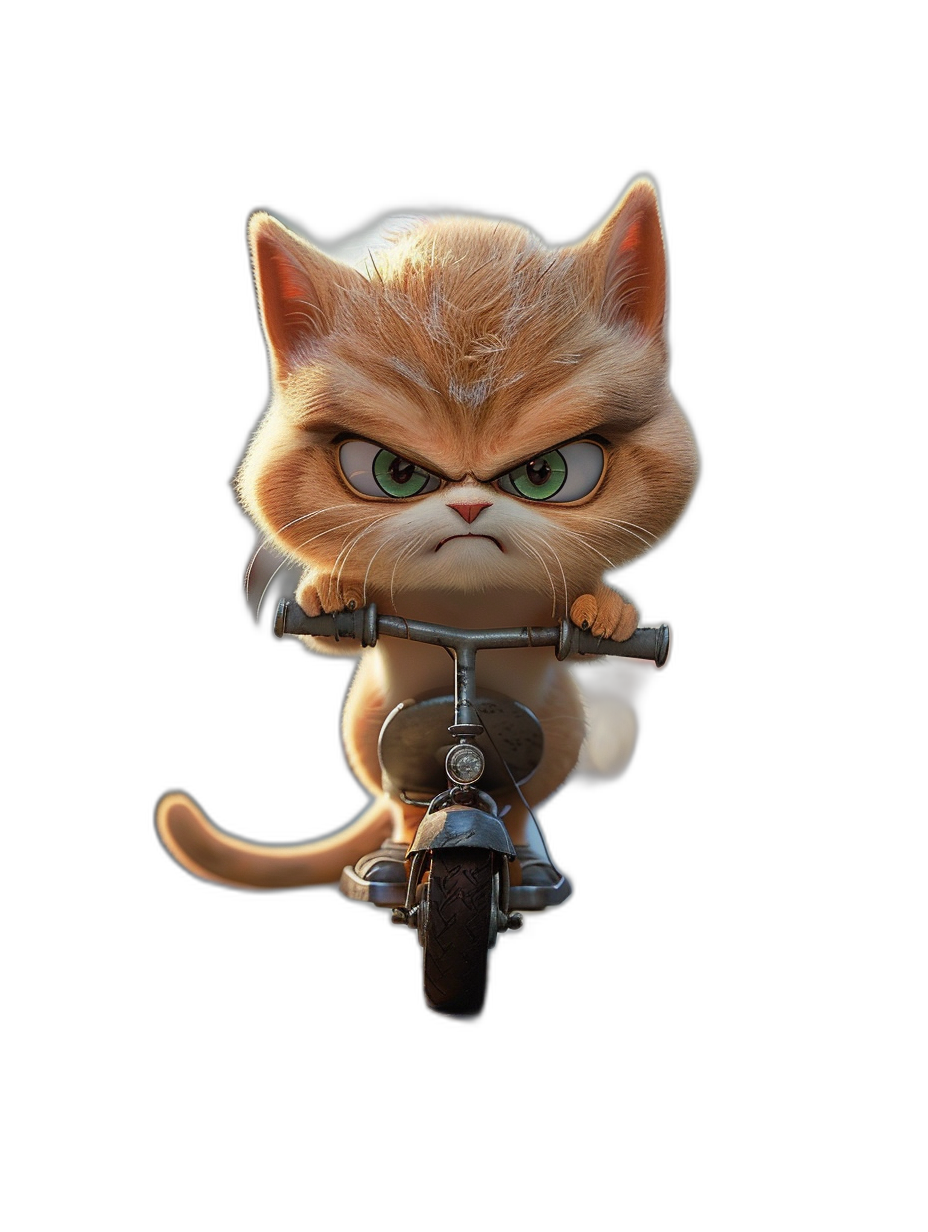 A cute chibi cat with an angry expression riding on a scooter in the style of cartoon, 3d render, black background, in the style of Pixar studio.