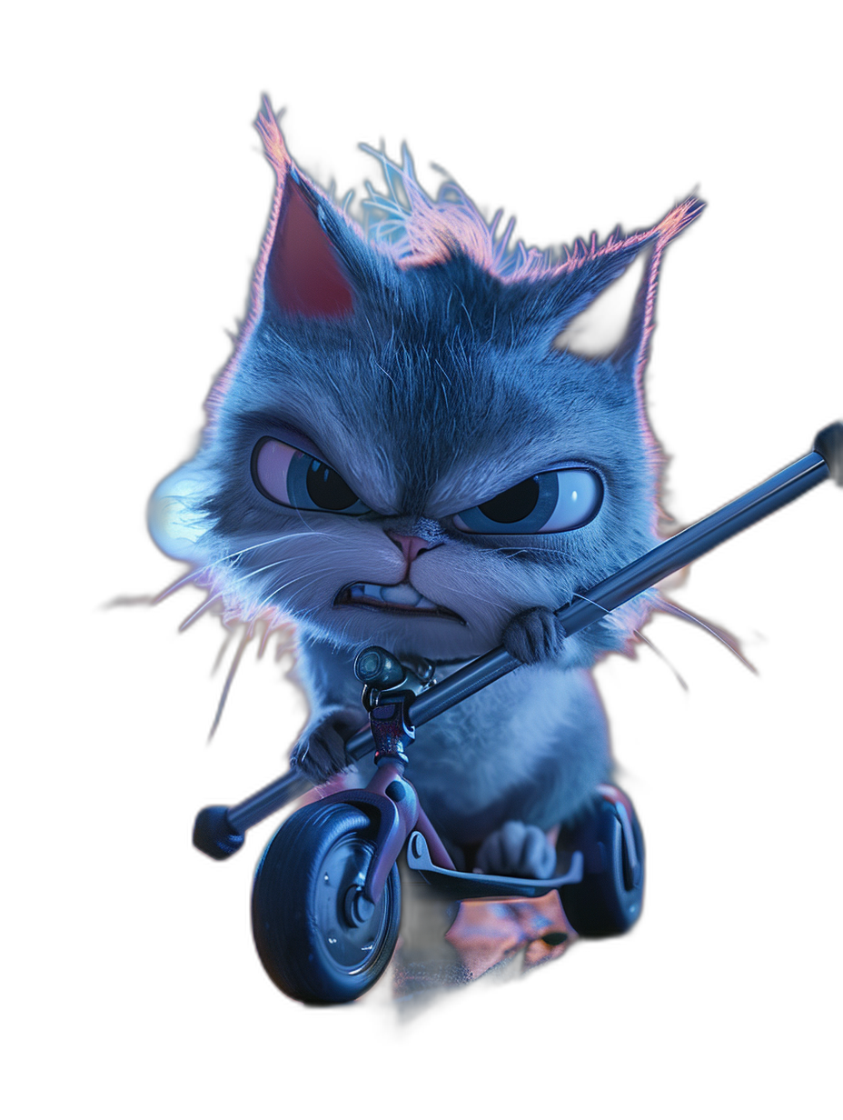 3D render of a cute blue fur kitten character with an angry expression on his face, riding a scooter against a dark background in the style of Pixar. Vibrant colors, high resolution, hyper quality, high detail, high contrast rendering using Octane with cinematic lighting and a sharp focus for a super realistic look with sharp lines and soft lighting against a black background.