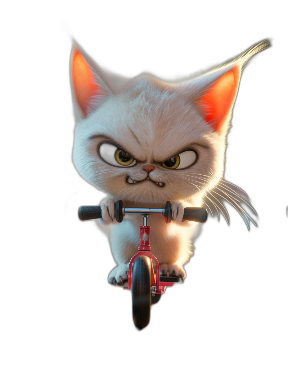 grumpy white cat riding on a scooter in the style of Pixar, black background, cute, 3D rendering, funny expression, cute cartoon design, cute little kitten, white fur with orange ears and eyes, black nose, red tricycle
