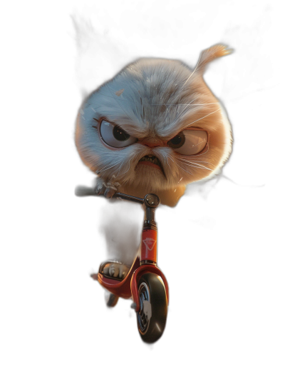 photorealistic cute angry fluffy baby cat riding on the scooter against a black background, in the style of Pixar, cartoon, cute