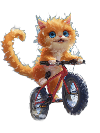 Cute cat riding bicycle, full body shot, black background, digital art in the style of Disney Pixar studio, adorable fluffy furry kitten with blue eyes and long tail on red bike, lovely smile, fluffy fur, cinematic lighting, vibrant colors, super detailed