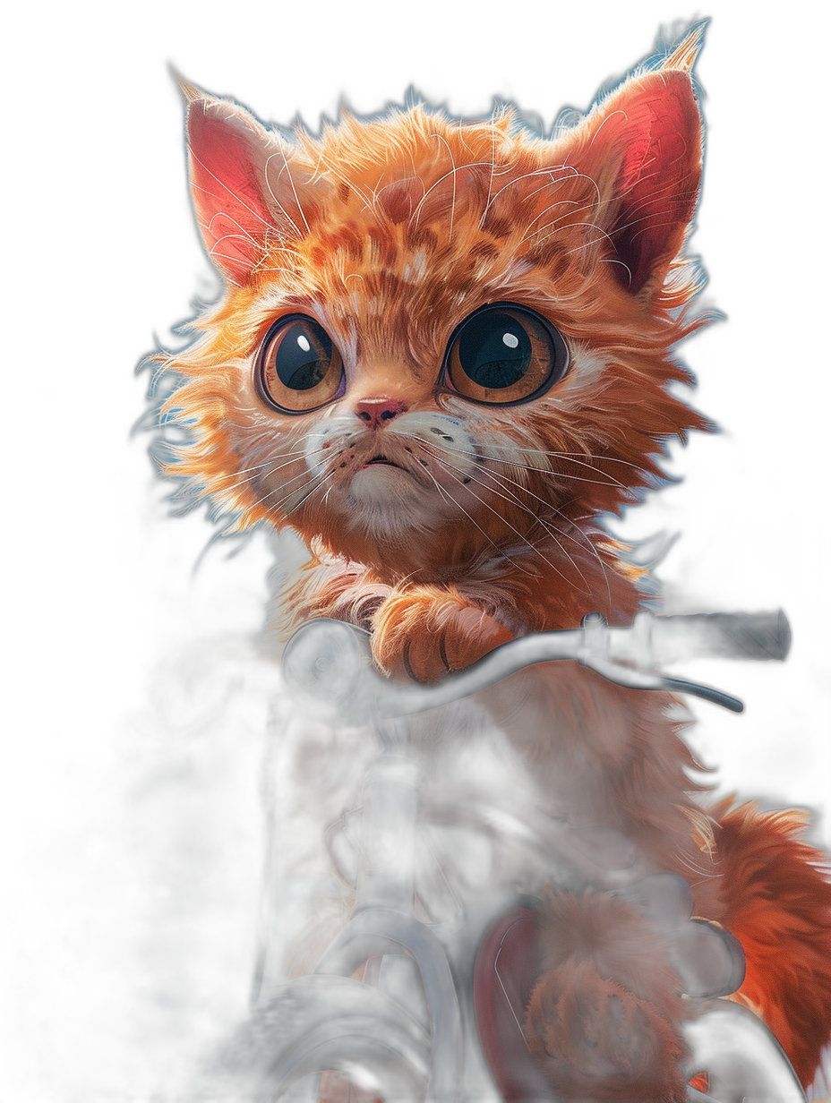 digital art of a cute kitten wearing a bike helmet, on a black background, with big eyes, red fur and brown ears, lit with cinematic lighting, fluffy hair, and a fun expression.