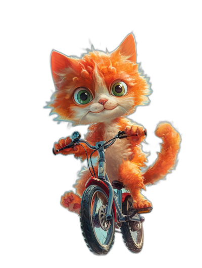 Cute cartoon orange cat riding on a bike, with big eyes, on a black background, in a colorful illustration, as a high resolution digital art in the style of Pixar, with a fluffy and cute character design.