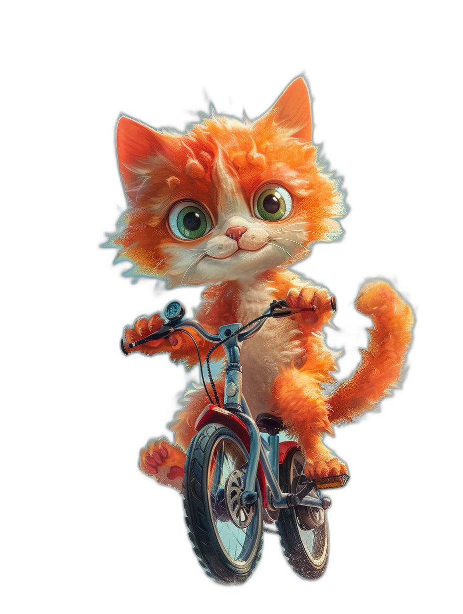 Cute cartoon orange cat riding on a bike, with big eyes, on a black background, in a colorful illustration, as a high resolution digital art in the style of Pixar, with a fluffy and cute character design.
