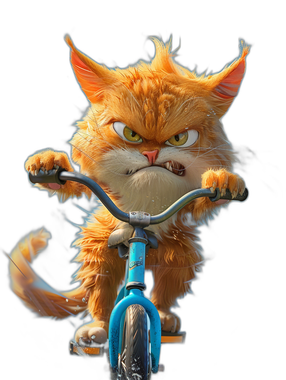 realistic cartoon photo of an angry ginger cat riding on the handlebars of a bicycle, black background, in the style of Pixar