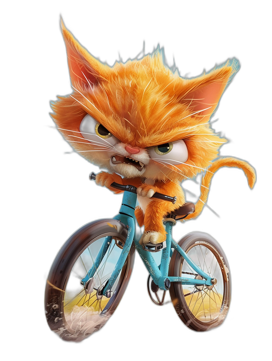 A cute orange cat riding on the front of a bicycle in the style of Pixar, with a black background, cartoon character design with 3D rendering. The small kitten has an angry expression. It wears a blue shirt and rides with its head raised high, showing strength and confidence. This scene creates a lively atmosphere full of vitality.