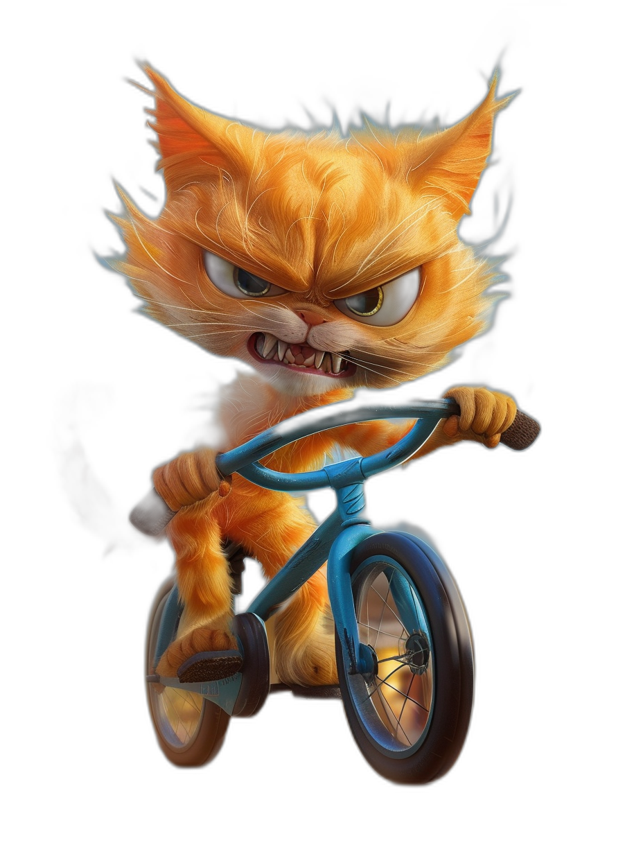 character design of an angry ginger cat riding a blue tricycle, in the digital art style, black background, portrait