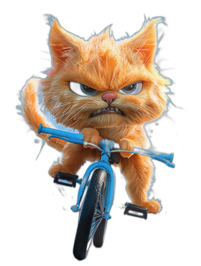 A cute orange cat riding on a blue bicycle with an angry expression and fluffy hair against a black background, in the style of Pixar with 3D rendering, high resolution photography and movie lighting done with octane render.