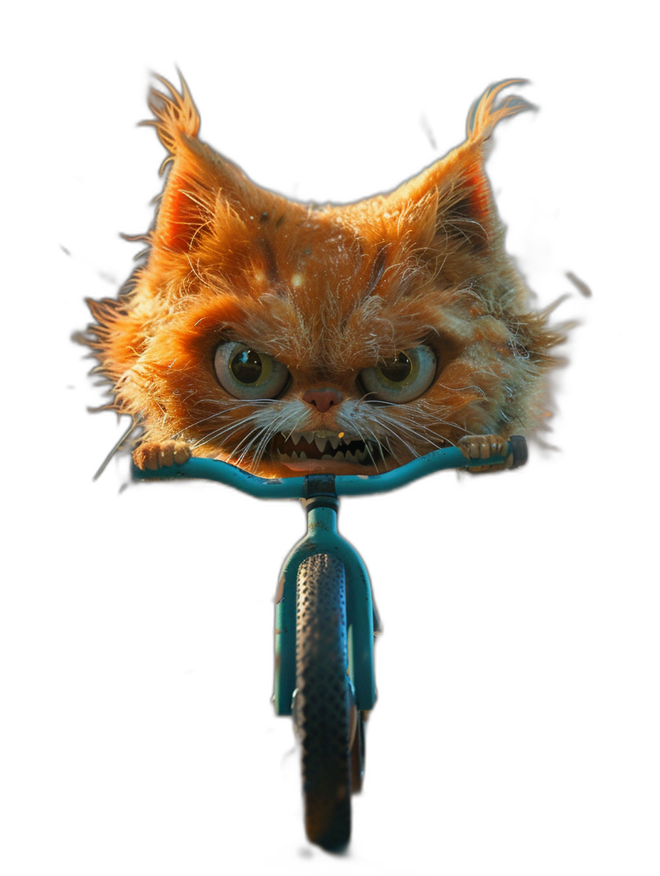 front view of an orange cat with an angry face on a small blue bicycle in the style of Pixar, with an isolated black background, rendered in octane