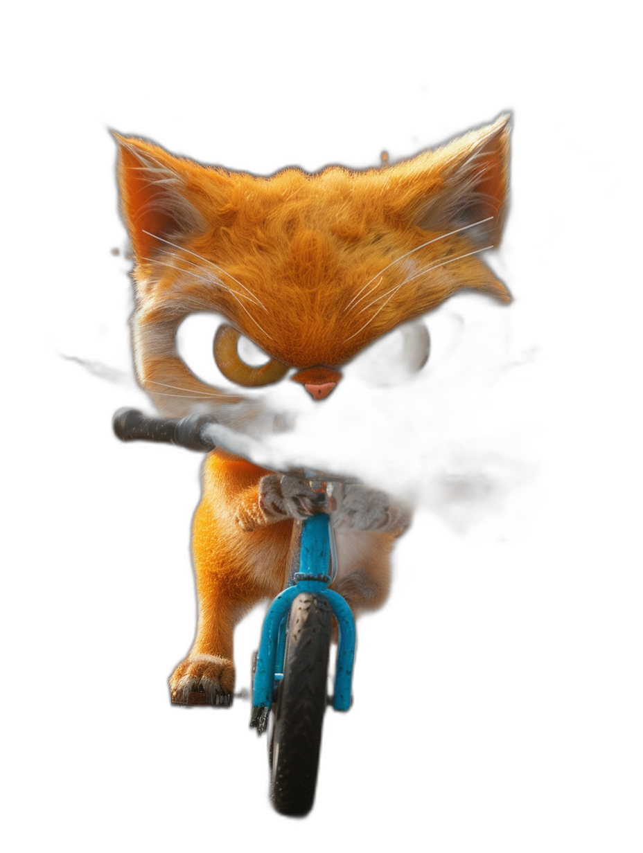 A cute orange cat riding on the front of a blue bike, with big eyes with black pupils and long eyelashes, holding the handlebar with two paws, with an angry expression, on a pure black background, in the style of Pixar, with high definition photography techniques.