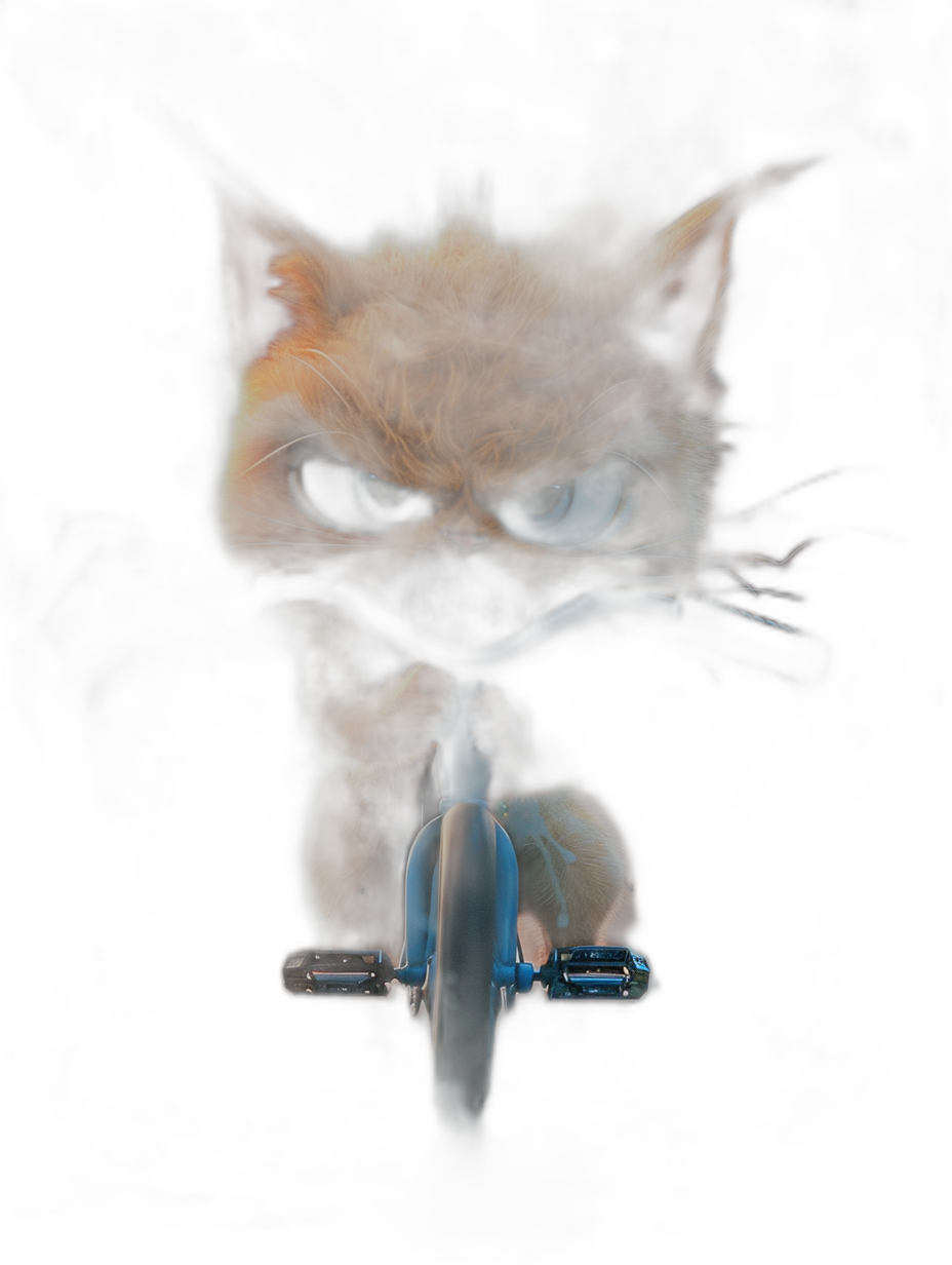 front view of an angry orange cat with blue eyes sitting on the handlebar and seat of a flying bicycle against a dark background, in the cartoon style with cinematic lighting and a hyper realistic 3D render of its full body and symmetrical face.