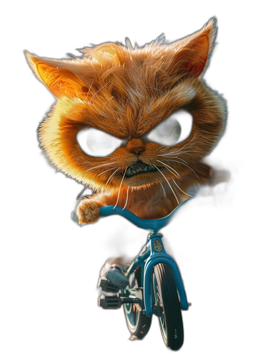 A Persian cat with an angry face riding on the front of a bicycle, black background, 3D render, in the style of Pixar, blue color and high quality.