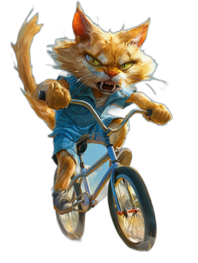 realistic digital illustration of an angry ginger cat riding on the back of a bmx bike, blue overalls and white sneakers, green eyes, black background, full body portrait in the style of.