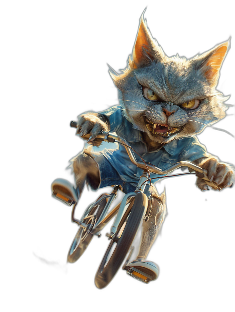 Hyper realistic, wide angle photo of an angry and aggressive cartoon cat wearing a blue shirt riding on a bicycle against a black background in a dynamic pose, with studio lighting in a cinematic style.