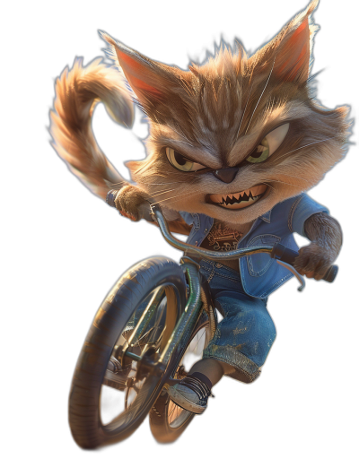 character design of an angry cat riding a unicycle, wearing blue jeans and white sneakers, black background, concept art in the style of Pixar studio, rendered in Cinema4D, high resolution