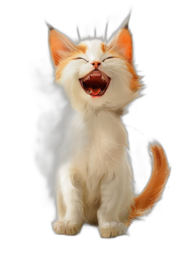 A cute white and orange cat, laughing heartily with its mouth wide open in an exaggerated fashion. Full body shot against a pure black background in the style of digital art.