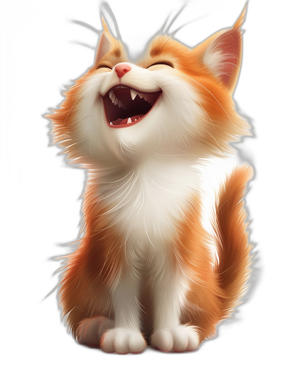 A cute happy smiling orange and white cat in the style of Disney, cartoon style, black background, in the style of Pixar, digital art