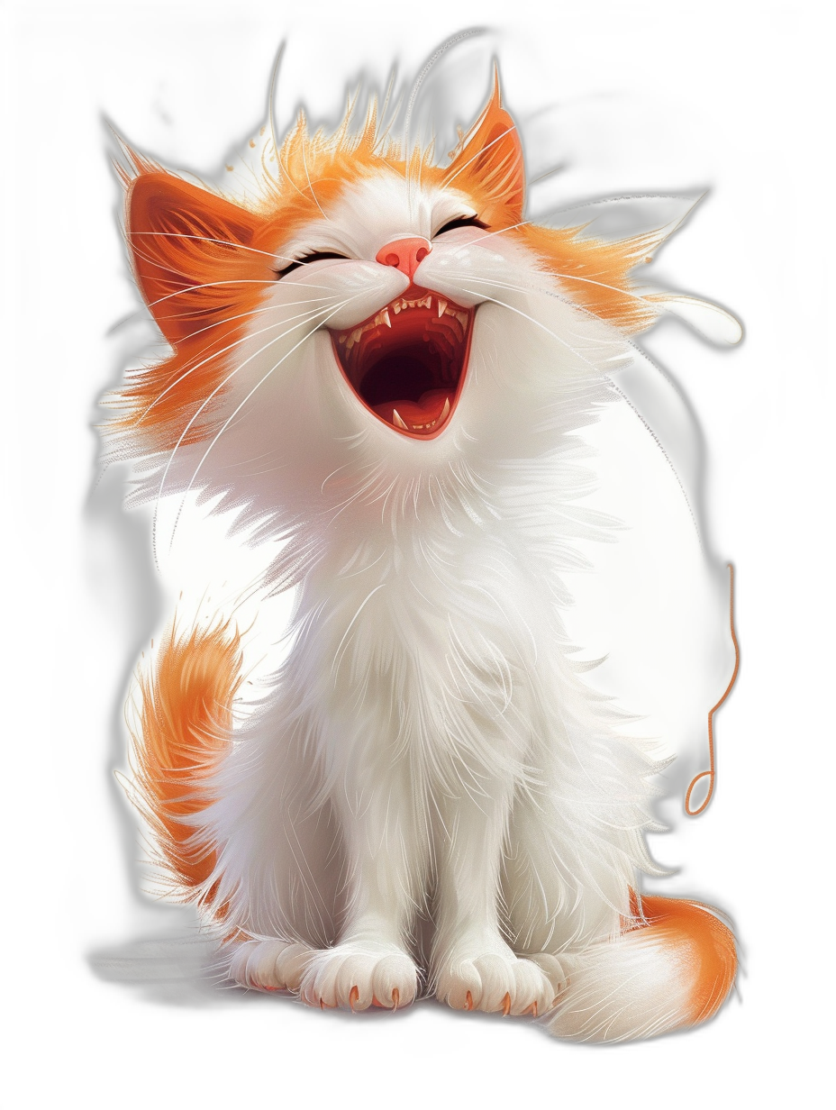 A cute happy cat laughing with its mouth open, white and orange fur, black background, cartoon style, high resolution, clear colors, detailed fur texture, glowing eyes, in the style of a full body shot, in the style of [Artgerm](https://goo.gl/search?artist%20Artgerm), Pixar style