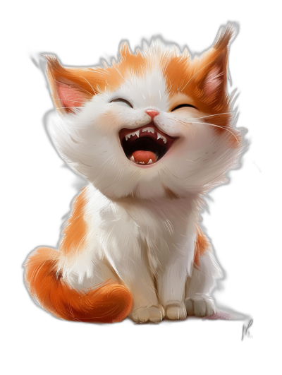 Cute cartoon illustration of an orange and white kitten laughing against a black background, in the style of [Artgerm](https://goo.gl/search?artist%20Artgerm), in the Disney style, digital painting, fantasy character design sheet showing the full body.