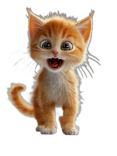 3D render of a happy smiling ginger kitten in the style of a cartoon, isolated on a black background, cute, hyper realistic