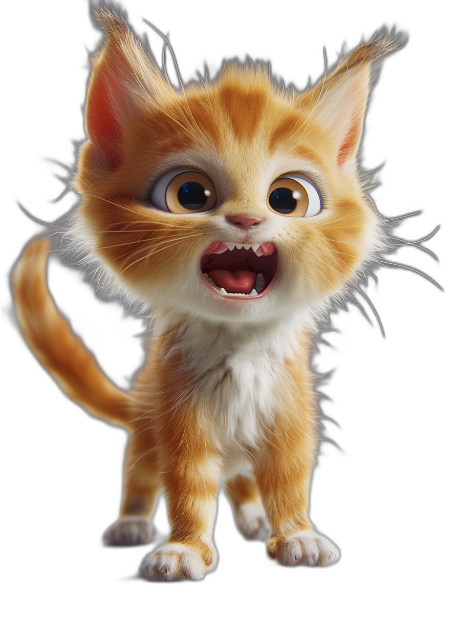 A cute Pixar kitten character, ginger cat with white paws and tail, yellow eyes, smiling mouth open with big teeth, long hair blowing in the wind, standing up straight in a black background with cinematic lighting.