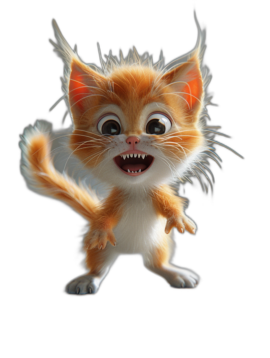 3D render of a cute happy kitten with big eyes and sharp teeth, jumping on a black background, in the style of Pixar.