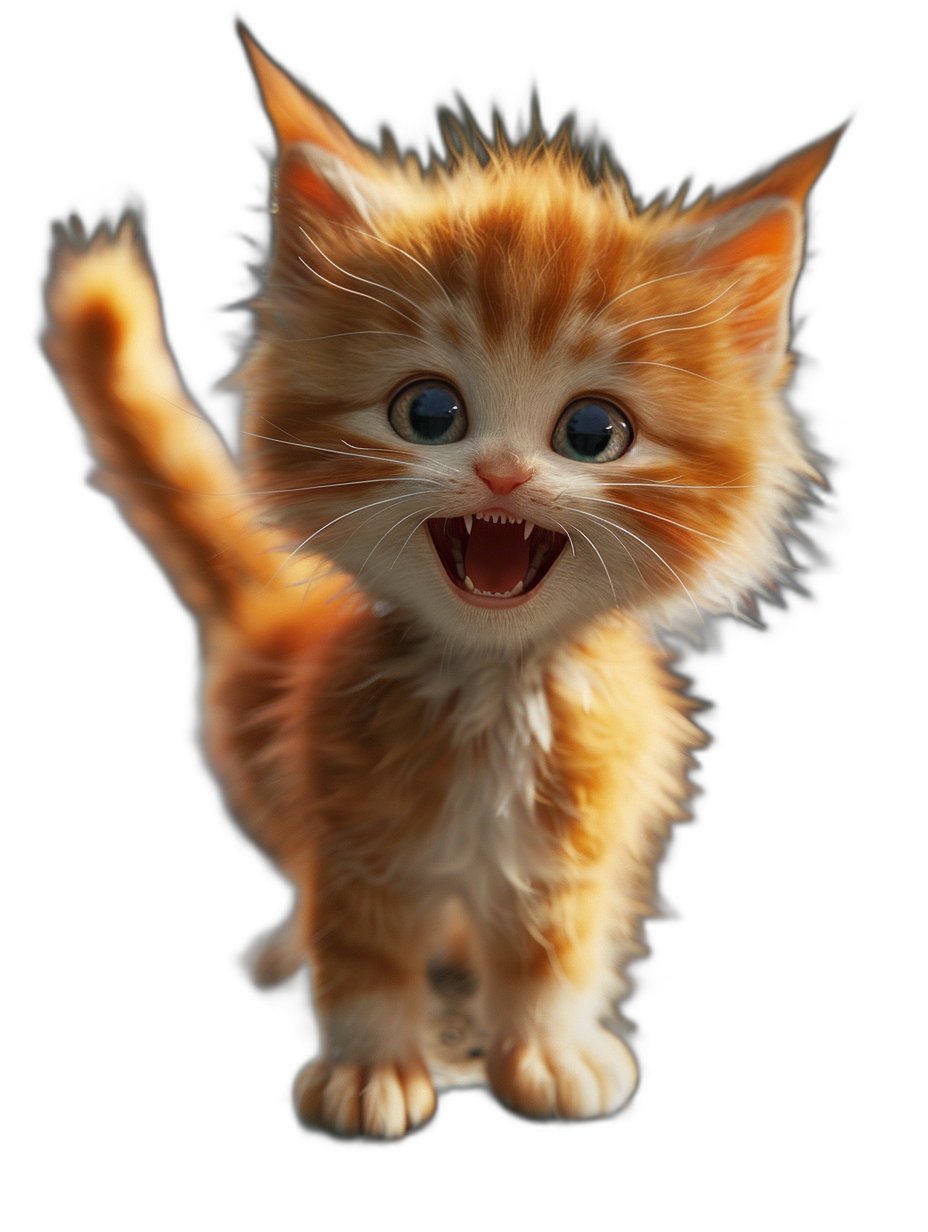 3D render of a happy cute orange kitten in the style of Pixar, on a black background, with octane rendering, studio lighting, high resolution photography, insanely detailed with fine details, stock photo quality, professional color grading, award winning composition