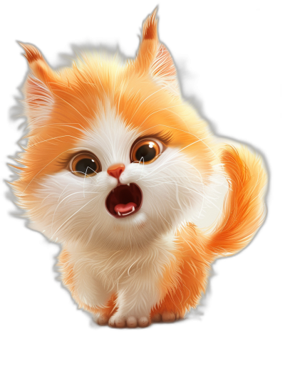 Cute orange and white cat, in the style of a cartoon, with a cute expression and exaggerated facial features, on a black background, as a high definition wallpaper. The cute little cat has its mouth open with a chubby body, fluffy hair and cute tail.