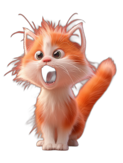 3D render of a cute orange and white cat kitten in the style of Pixar, the kitten is roaring with its mouth open wide, showing its full body, on a black background, in the Pixar Disney style.