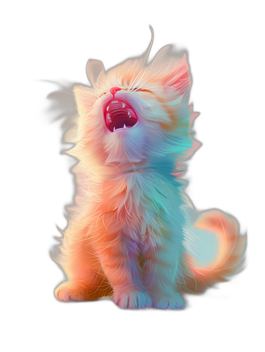 digital art of a cute kitten, very fluffy with pastel tones, roaring with its mouth open wide against a black background, giving chill vibes as depicted in the full body of the kitten.