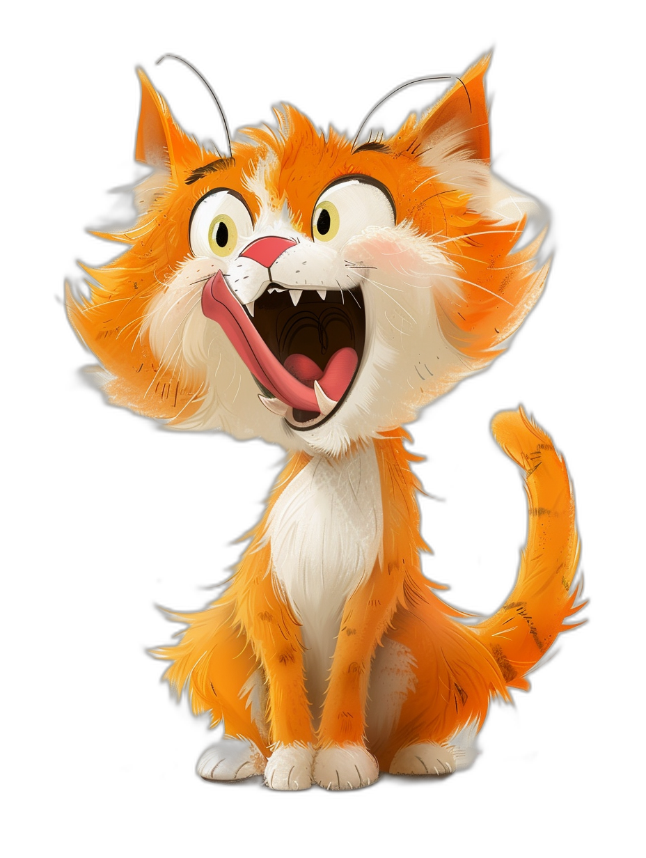 Illustration of an orange and white cat with long hair in the cute cartoon style. The feline is laughing out loud against a black background with high resolution and high details in a digital art style.