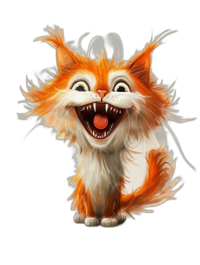 A happy orange and white fluffy cat with big teeth, full body character design in the style of [Tiago Hoisel](https://goo.gl/search?artist%20Tiago%20Hoisel), caricature-like, playful realism, black background